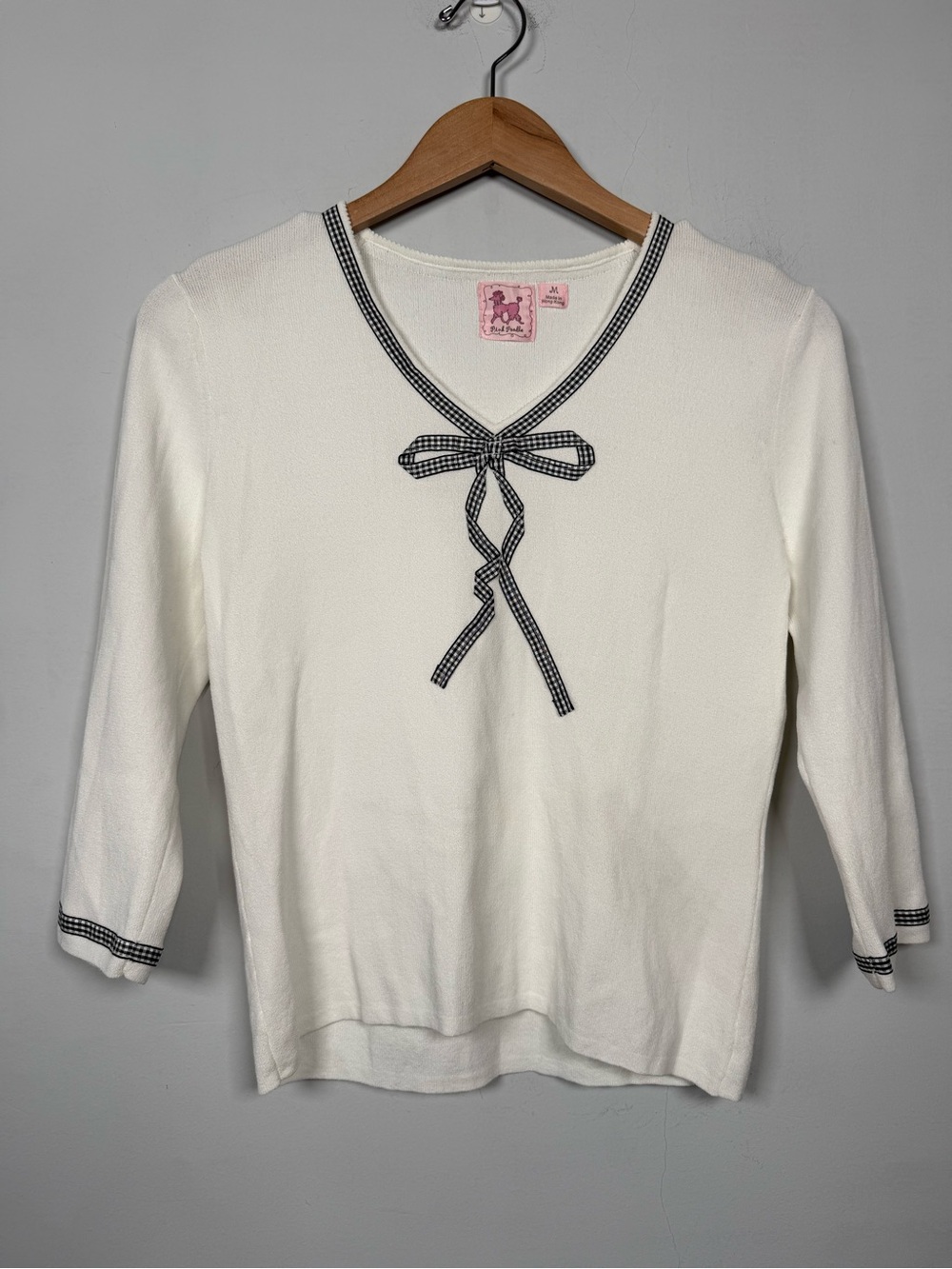 Pink Poodle Vintage Y2K White Knit Top V-Neck Gingham Trim Bow Accent M